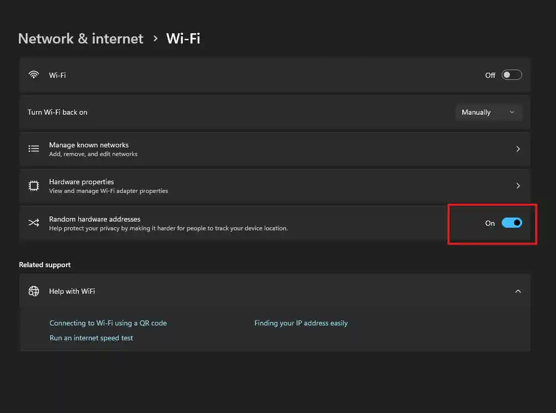 Random Hardware Addresses toggle on Random Hardware Addresses.